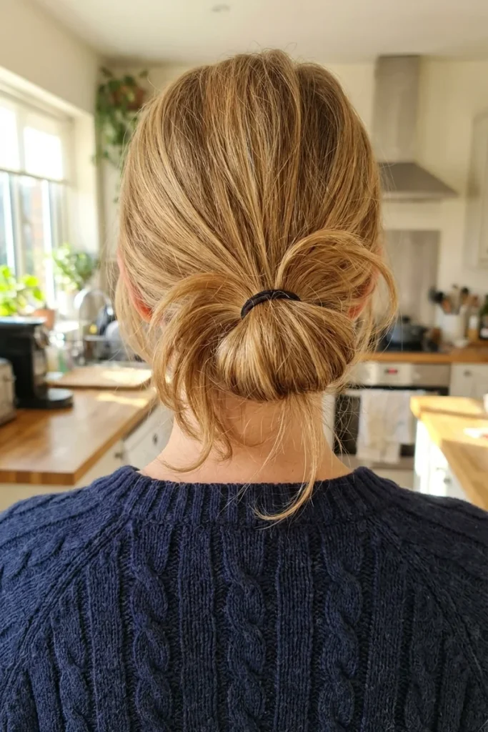 Messy loop-through bun on shoulder-length honey blonde hair with loose pieces at the nape