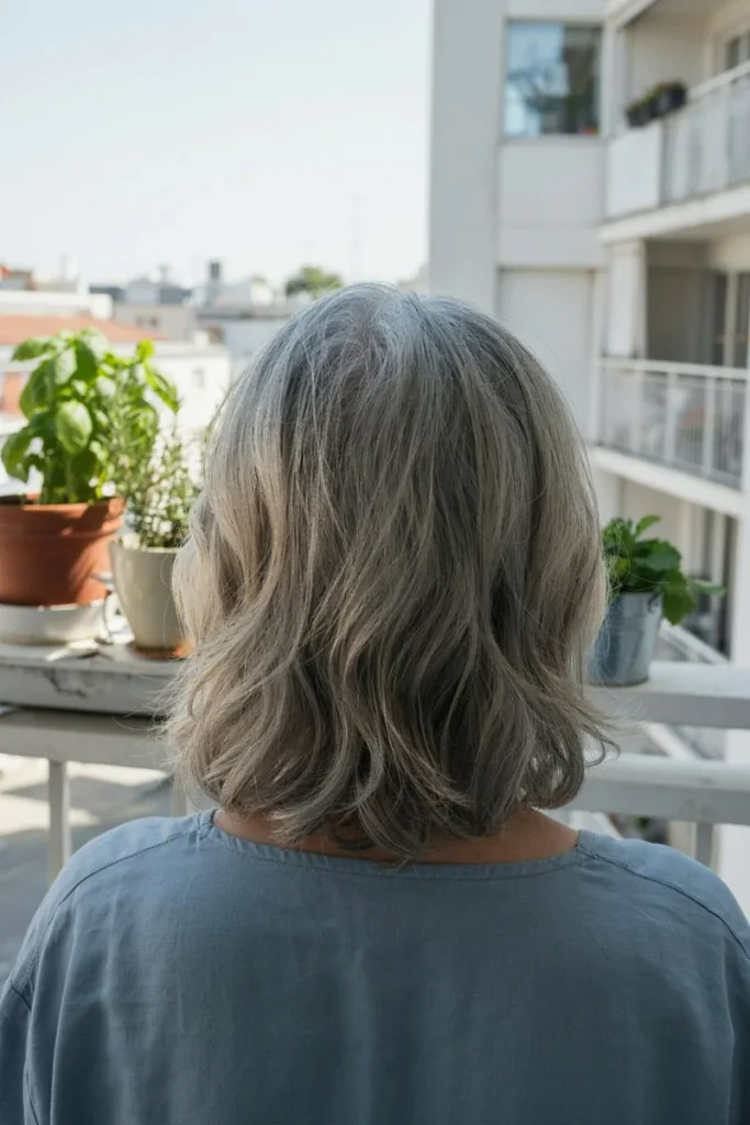 Overnight braid waves on collarbone-length silver gray hair, a no-heat style for medium length hair