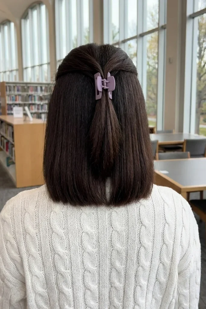 Mini claw clip crown half-up on a straight dark brown bob with a lilac clip
