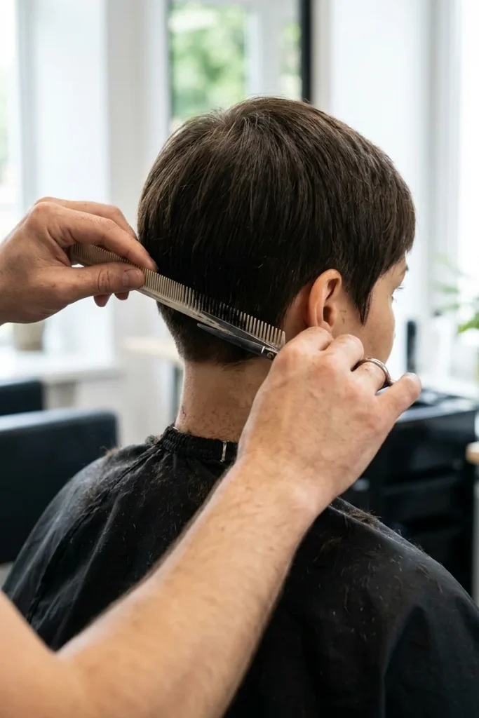Hairstylist trimming the neckline of a short dark brown pixie cut with comb and scissors in a bright salon