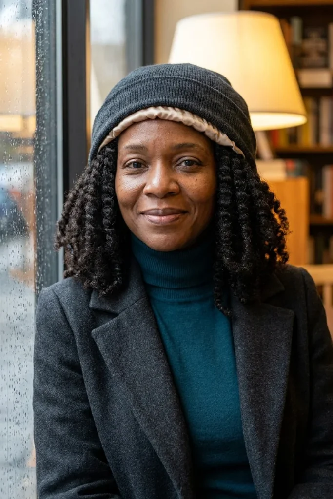 Woman with a defined natural twist-out wearing a charcoal slouchy beanie with a satin lining visible at the edge
