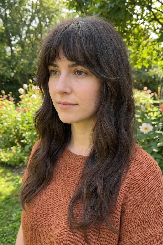 Woman with long dark brown wavy hair and short, piece-y curtain bangs grazing her eyebrows, standing in a sunny garden