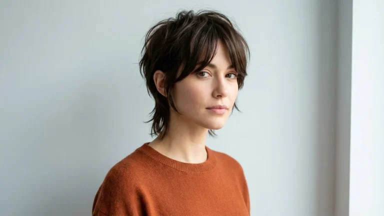 Woman with a dark brown short wolf cut with choppy crown layers, wispy bangs and a longer piecey nape at neck length