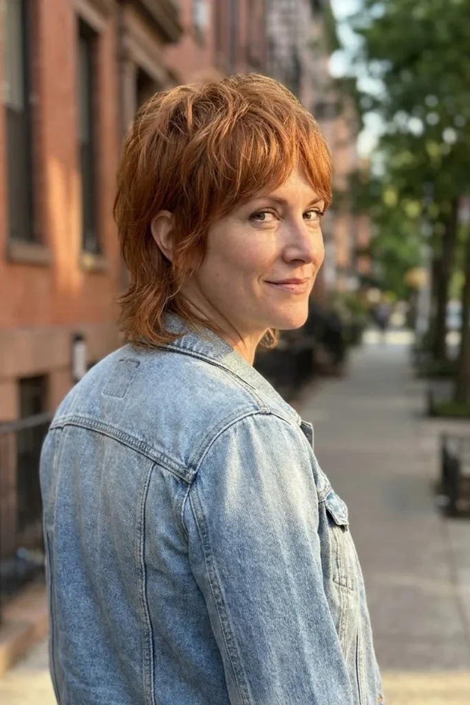 Woman with copper-red hair in a short wolf mullet with choppy crown layers, short sides and a longer piecey nape, seen from behind on a city sidewalk