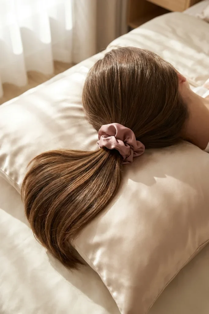 Long glossy brown hair tied with a dusty rose silk scrunchie resting on a shiny champagne silk pillowcase to protect the ends