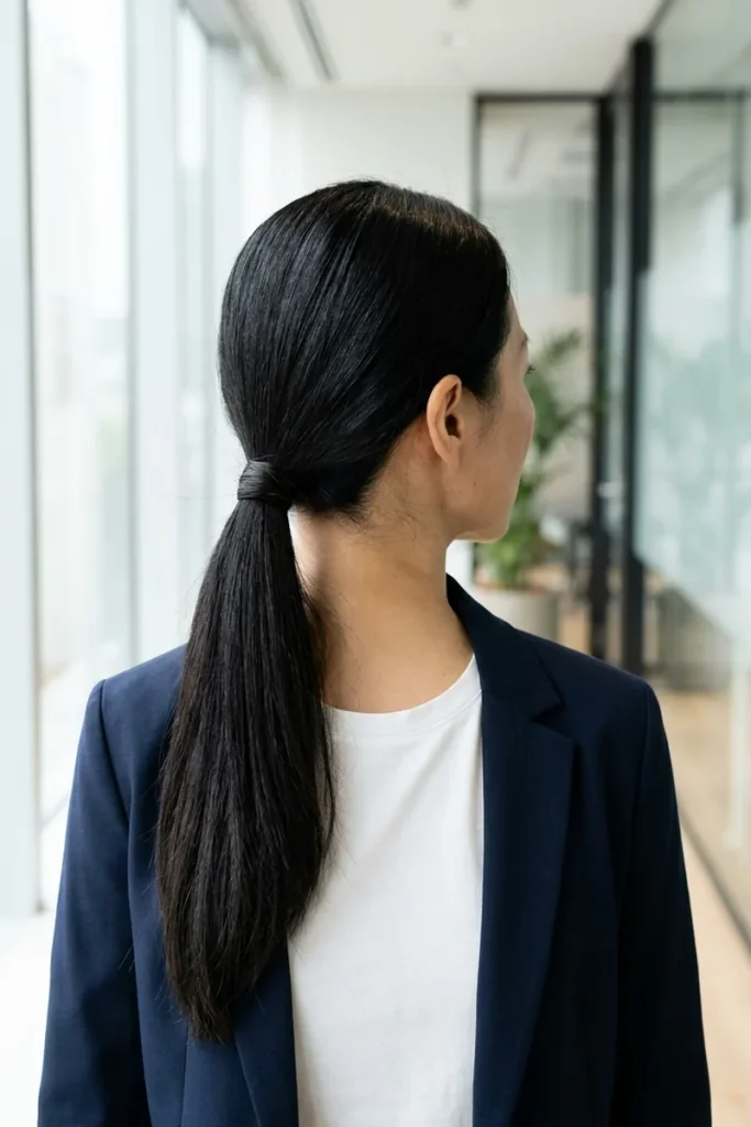 Back view of a woman with long black hair in a sleek low ponytail, the elastic hidden under a strand of her own hair wrapped around the base