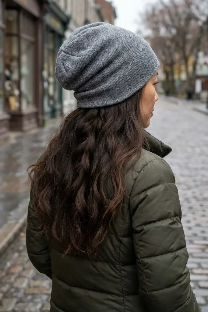 Back view of a woman with long dark brown hair in loose overnight braid waves below a gray slouchy beanie, wearing an olive puffer jacket
