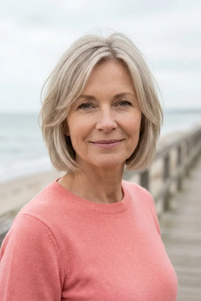 Woman with fine ash-blonde hair in a soft jaw-length wolf cut with gentle crown layers and a full, even outline at the ends