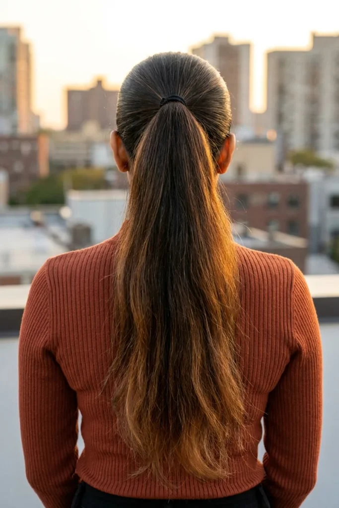 Back view of a woman with very long dark brown hair with caramel ends in a stacked ponytail that looks like one long, full ponytail
