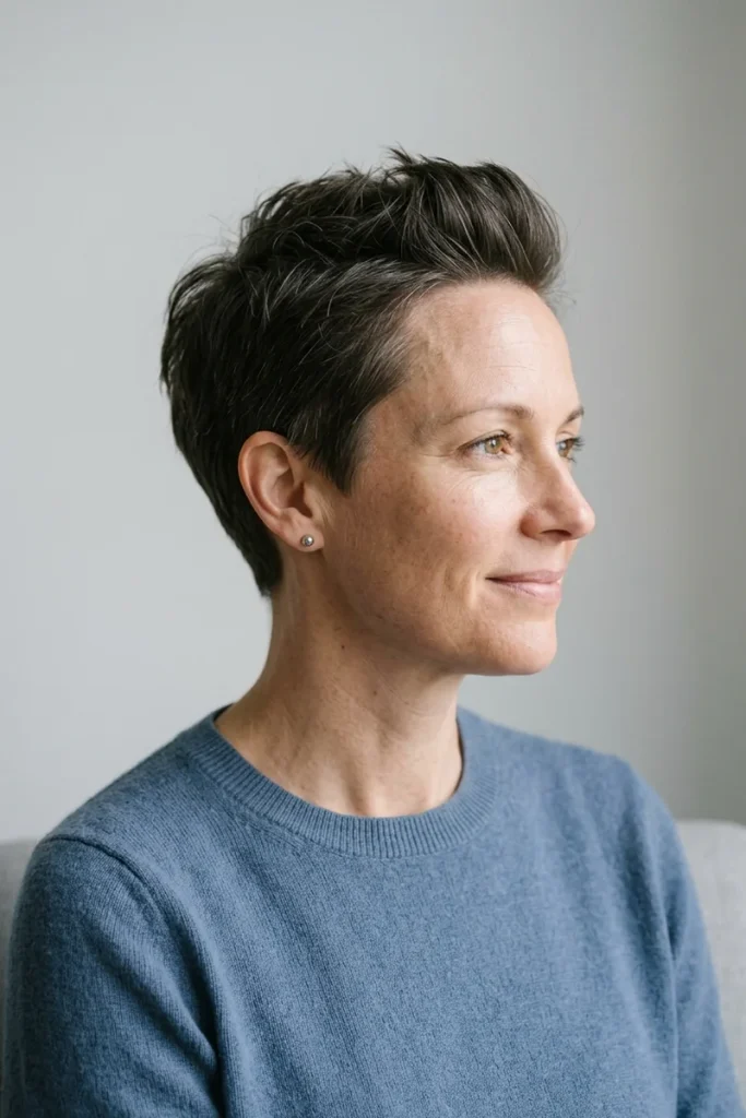 Woman with fine dark brown hair in a short textured pixie with lifted crown and close-cut sides and nape