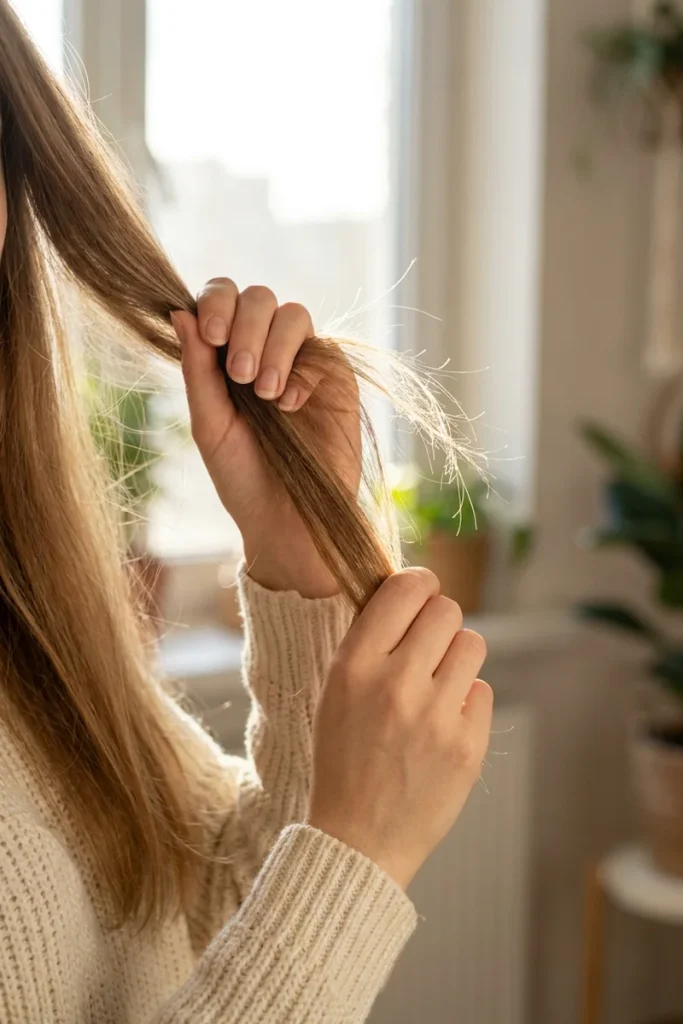 Woman holding a section of long light brown hair up to window light, showing thin, wispy ends with split ends at the tips