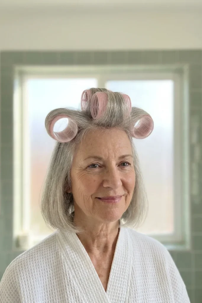 Woman in her 60s with gray shoulder-length hair and large pink velcro rollers set on the crown, wearing a white robe in a bathroom