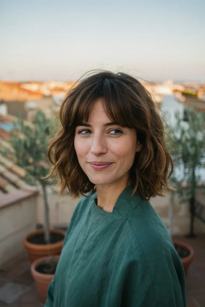 Woman with chestnut-brown wavy hair in an air-dried short wolf cut with piecey separated waves, wispy bangs and a textured crown