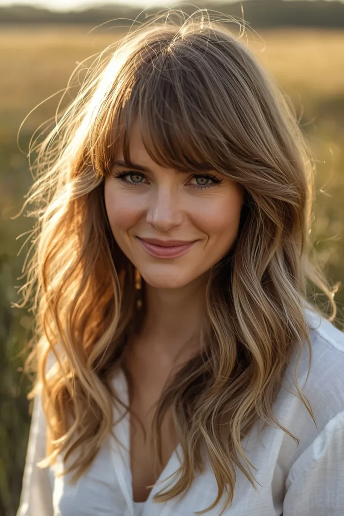 Smiling woman with long bronde beachy waves and wavy curtain bangs sweeping away from her face in golden hour light
