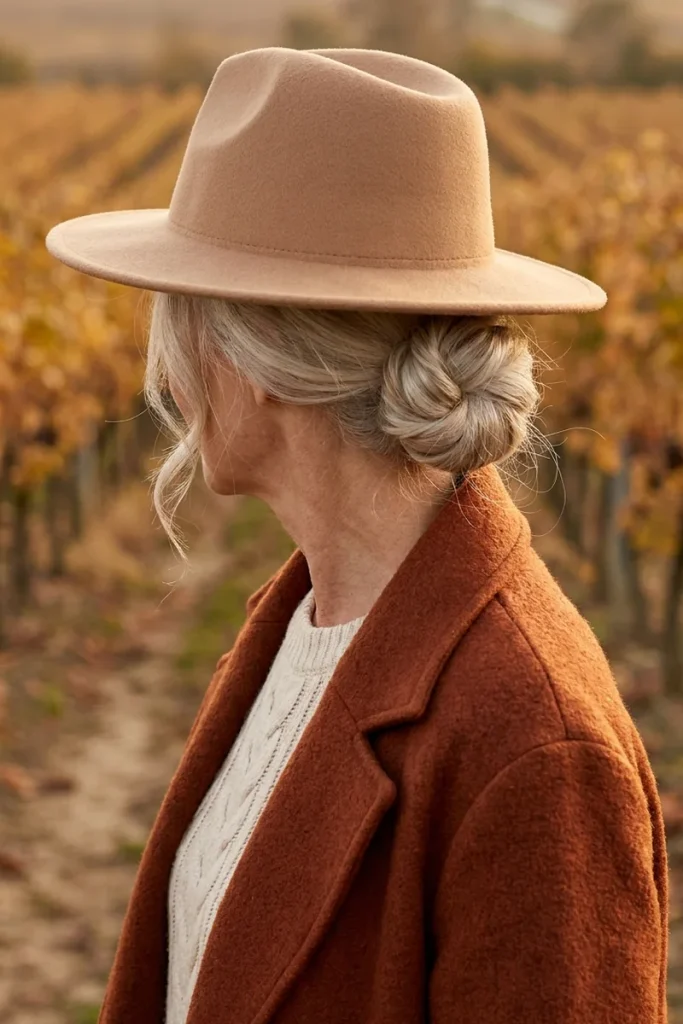 Woman with silver-blonde hair in a loose low bun at the nape below a camel wide-brim felt hat, with soft face-framing pieces
