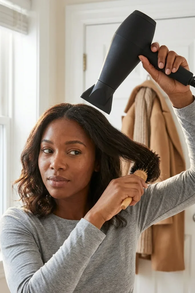 Woman blow-drying her shoulder-length dark brown hair with the dryer pointed down and a round brush, with a winter coat and scarf hanging behind her