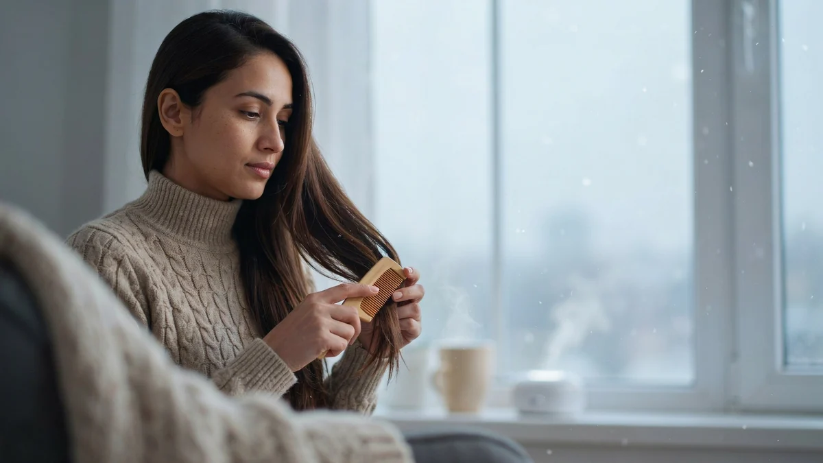 Woman with long dark brown hair gently combing the ends with a wooden wide-tooth comb by a snowy window, with a humidifier and mug on the sill