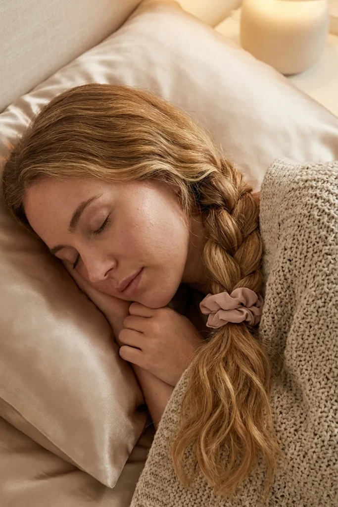 Winter hair care: woman asleep on a satin pillowcase with her long wavy blonde hair in a loose braid tied with a soft scrunchie
