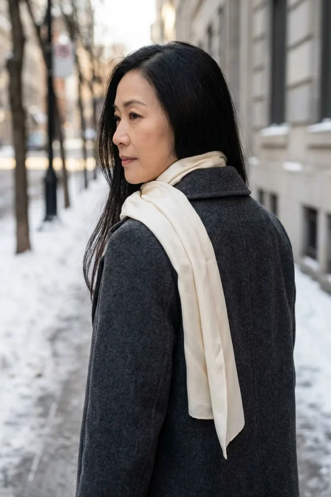 Woman with long black hair wearing an ivory silk scarf under a charcoal wool coat collar on a snowy city street