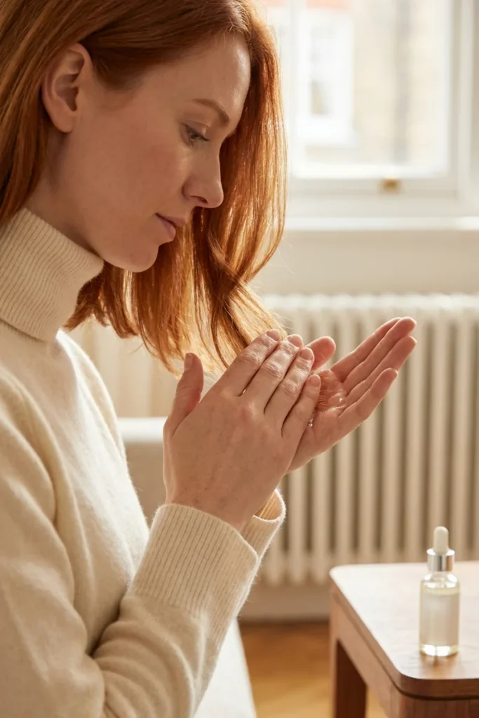 Woman with shoulder-length copper hair rubbing a drop of hair oil between her palms to smooth static, with a radiator behind her