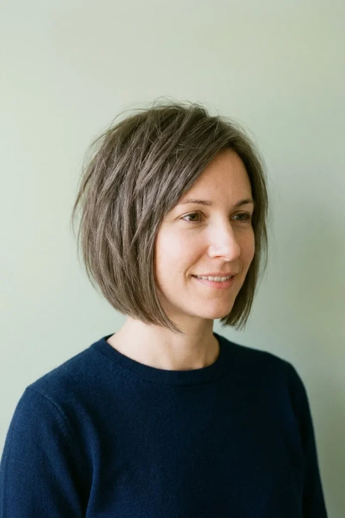 Woman with ash-brown hair in a chin-length wolf bob with a smooth bob outline and choppy, piecey layers through the top
