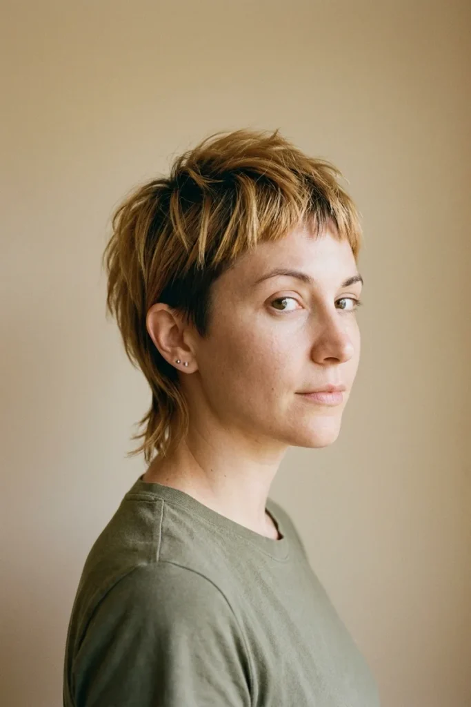 Woman with honey-blonde hair and dark roots in a wolf pixie with choppy crown layers, short baby bangs, close sides and a longer piecey nape
